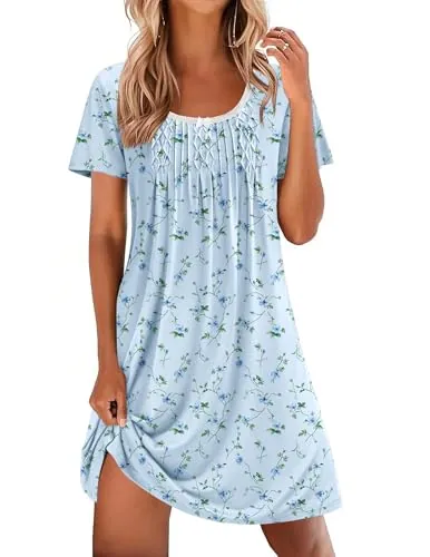 Ekouaer Camisón Mujer Verano Manga Corta Camisón Suelto y Cómodo para Dormir Vestido de Dormir Floral para Casa Azul XXXL