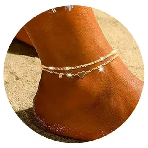 Tobilleras para mujer, chapadas en oro y plata, circonita cúbica y dije de corazón, delicadas tobilleras en capas, juego de tobilleras de cadena de moda, regalo, Talla única, Acero aleado, No es una