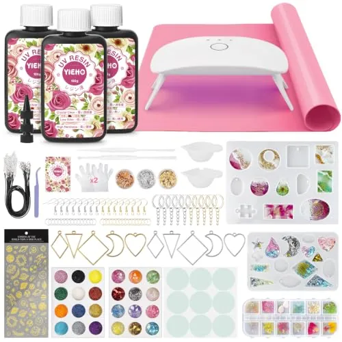YIEHO 300g Kit Resina UV transparente, Resina Epoxi UV para Manualidades | Resina Epoxi Transparente con Lámpara y Moldes para Crear Joyas, DIY Llaveros, Pendientes y Collares
