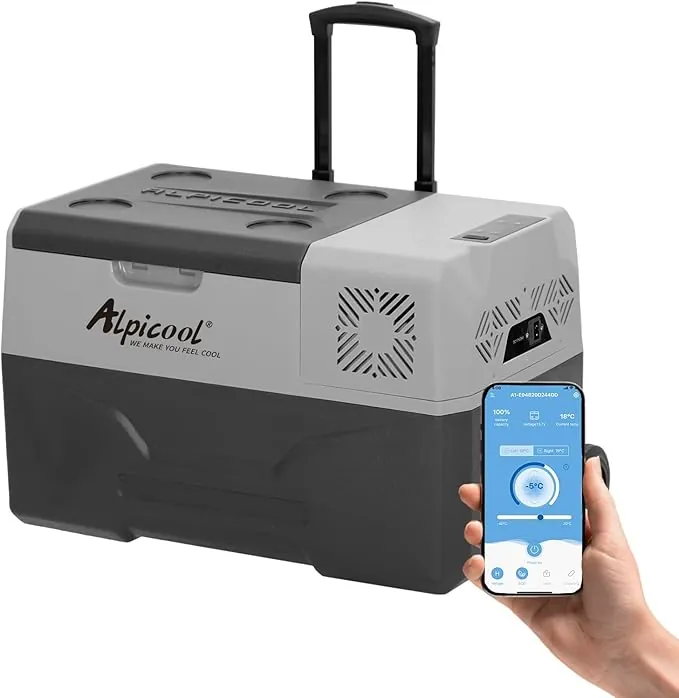 Alpicool CX30 30 litros Nevera portátil 12 V, para Coche, Camping, camión, Barco y Enchufe con conexión USB, Barra telescópica, Rueda