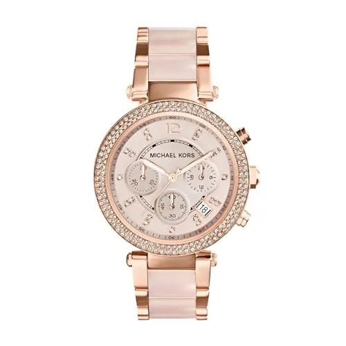 Michael Kors - Reloj Parker cronógrafo de Cuarzo con Correa de Acero Inoxidable en Tono Oro Rosa con eslabones centrales de Acetato ruborizado para Mujer MK5896