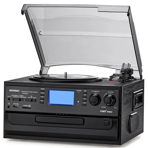 ORCC Tocadiscos Moden 10 en 1, con Tarjeta de Regalo, Tocadiscos de Vinilo para 33/45/78 RPM, reproducción y grabación de CD/USB/SD, Bluetooth y Control Remoto, Radio FM/Am para Amantes de la música