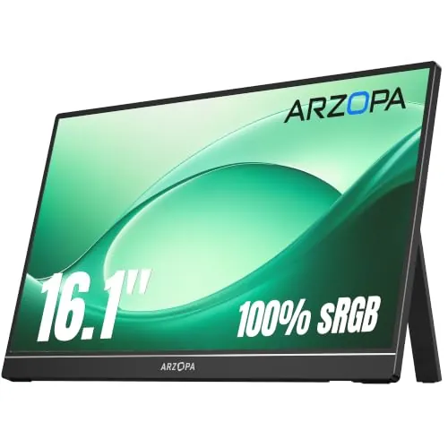 ARZOPA [Ganador del Red Dot 2026] Monitor Portátil 16,1", FHD IPS 100% sRGB, USB-C y Mini HDMI, Protección Ocular, con Soporte Integrado, para PC, Mac, PS5 y Xbox - Z1C
