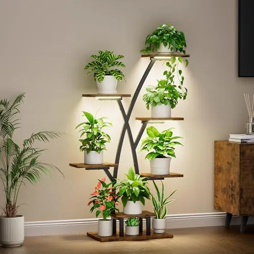 BACEKOLL Soporte para plantas de interior con luces de crecimiento, estante de 7 niveles para plantas de interior, soporte de plantas de 105 cm para múltiples plantas, soporte de metal para flores