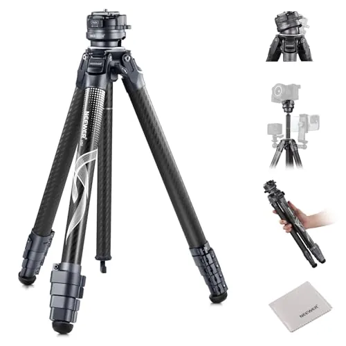 NEEWER LITETRIP LT32 - Trípode de viaje para cámara, soporte portátil de fibra de carbono, cabezal esférico con eje central, cierre plegable, paño de limpieza, placa Arca QR compatible con Peak Design