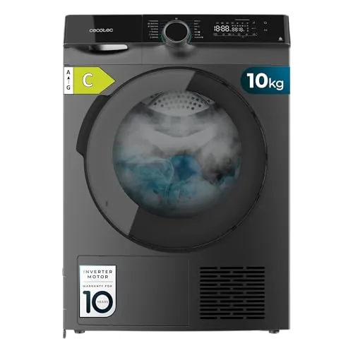 Cecotec Secadora de Ropa Bomba de Calor 10kg Bolero Dresscode Dry 10505 Inverter Steel. Clase Equivalente A+++, 14 Programas, Funciones como UV Care, Planchado Fácil, Certificación Woolmark, Inox