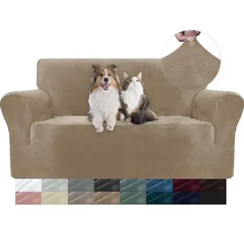 YSTELLAA Terciopelo Fundas Sofa 2 Plazas, Súper Elasticas, Camello | Ajustables Fundas Sofa Elastica, Con Reposabrazos, Lavable, Antiarañazos, Universales, Gruesa Antimanchas