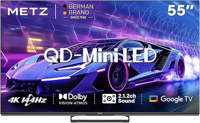 Metz Mini LED TV, TV 55 Pulgadas, MNE8000Z, QLED, 144Hz, 4K HDR, Local Dimming, Dolby Vision, Dolby Atmos, Modo Juego, Modo Deportivo ALLM, VRR, MEMC (Nuevo 2025)