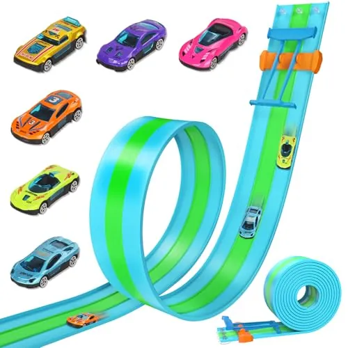 Pistas de carreras flexibles ACELIFE, pista de carreras de 4.5M con 6 coches incluidos. Pista de carreras portátil de tres pistas con rampas para coches 1/64. Juguetes de regalo para niños a partir de