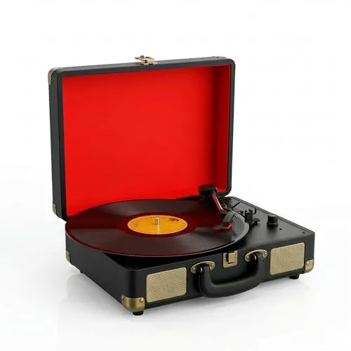 Tocadiscos Bluetooth 5.4 Portátil Tipo Maletín con Altavoces Integrados, Reproductor de Vinilos Retro 3 Velocidades 33/45/78 RPM, RCA, AUX, USB-C, Compatible LP 7 10 12 Pulgadas, Diseño Vintage