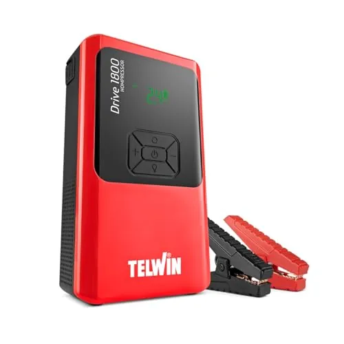Telwin Drive 1800 Kompressor 12V Arrancador de Emergencia Portátil Ultracompacto Multifunción al Litio para Coches, Motos, Barcos con Compresor Integrado, Powerbank y Luz LED, 1800A