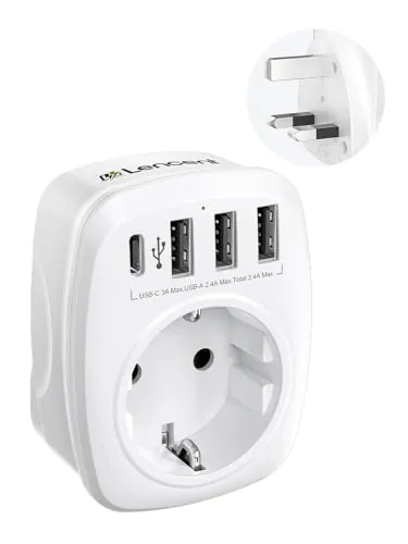 LENCENT Adaptador Enchufe UK, para Viaje [3 Puertos USB+1 Tipo C], Europa español 2-Pin a 3-Pin Gran Bretaña para Inglaterra, Escocia, Irlanda, Gales, Maldivas (Tipo G)