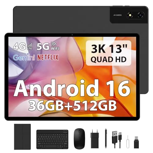 FLYCOAY Android 16 Tablet 13 Pulgadas Gemini AI Octa-Core 2.2GHz/36GB RAM+512GB ROM(TF 2TB) FHD 2944 * 1840, 11580mAh/4G LTE+5G WiFi/Widevine L1/BT5.0/GPS/Tablets con Teclado y Lápiz, Negro
