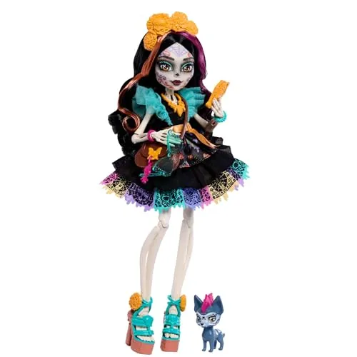 Monster High Skelita Calaveras Muñeca | Esqueleto con vestido colorido de papel picado, perrita Candelita y 7 accesorios: cuaderno, snack y bolso, JHK34