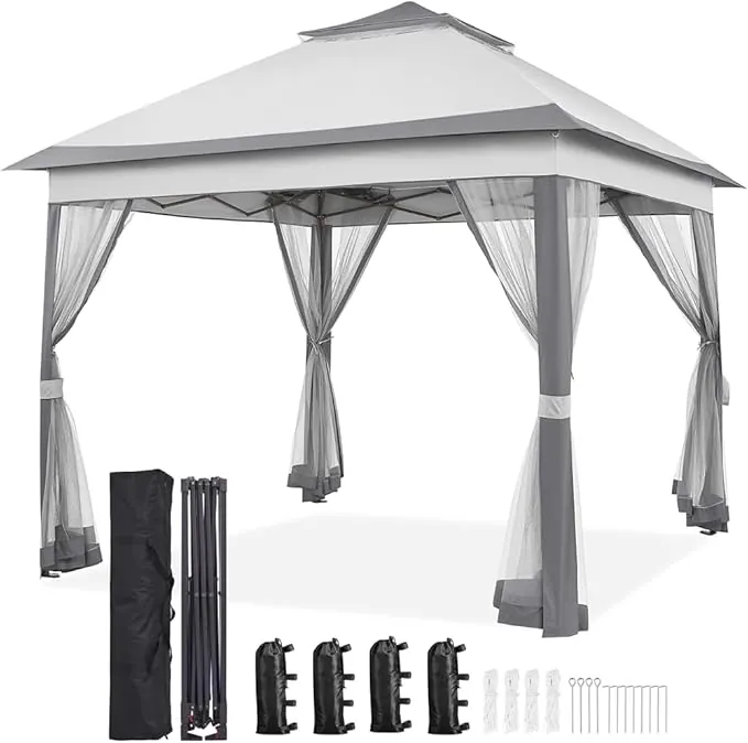 Yaheetech Carpa Cenador de Jardín 3.3x3.3m Cornisa Extendida con 4 Mosquiteras Laterales Cremallera Altura Ajustable de 271-291cm Color Gris