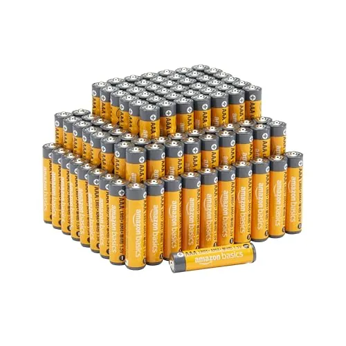 Amazon Basics - Paquete de 100 pilas alcalinas AAA de alto rendimiento, 1,5 voltios, vida útil de 10 años