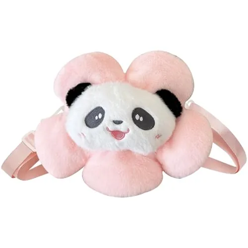FOSDICK Bolso Bandolera Niña, Bonito Bolsos para Niñas con Motivo Floral Panda, Felpa Pequeño Bolso Niña, Panda Bolsos Bandolera con Correa Ajustable Hombro, Bolso Cruzado Regalos para Niñas, Rosa