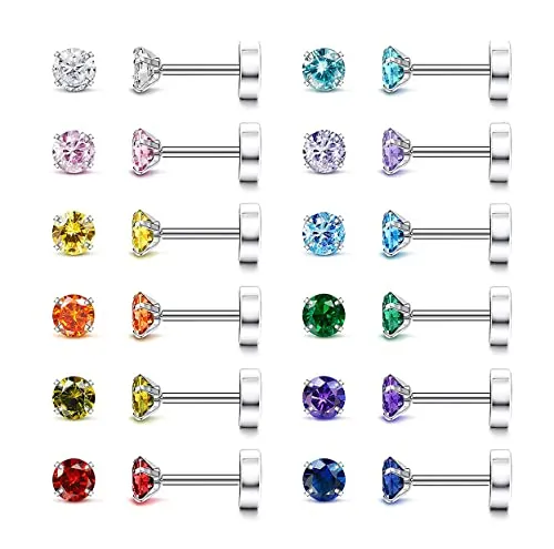 ORAZIO 6-12 Pares 20G Hipoalergénico Birthstone Stud Pendientes para Mujeres Hombres Flat Back Pendientes Set Acero Inoxidable Cubic Zirconia Aretes Piercing Oreja Cartílago