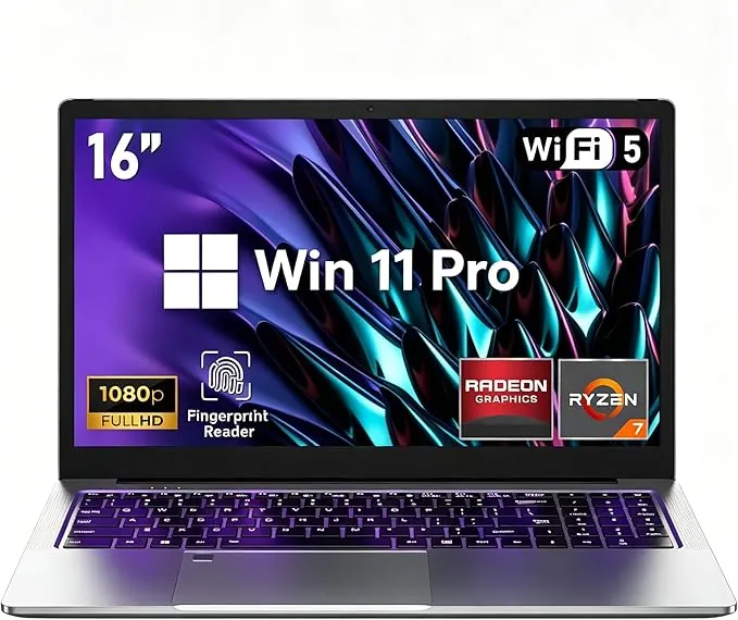FUNYET 2026 Gaming Ordenador Portátil R7 5825U hasta 4,5 GHz Laptop 16 Pulgadas RAM 16 GB SSD 1 TB Teclado Retroiluminado Win11 Notebook, 4500 mAh, WiFi 6, HDMI, USB 3.2, BT 5.2, Huellas Digitales