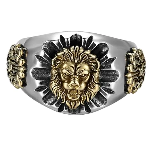 IMINI Anillo abierto de león gótico, joyería punk, plata y oro, dos tonos, cabeza de animal, para hombres y mujeres, tallas ajustables S a V 1/2, regalo vintage de motociclista hip hop