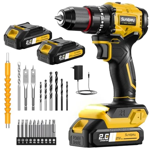 Sundpey Taladro Percutor a Bateria 70Nm - 21V Sin Escobillas Taladro Atornillador con 2 Baterías 2.0Ah, 23+3 Ajustes, 2 Velocidad, Luz LED, Destornillador Eléctrico Inalámbrico para Hogar Bricolaje