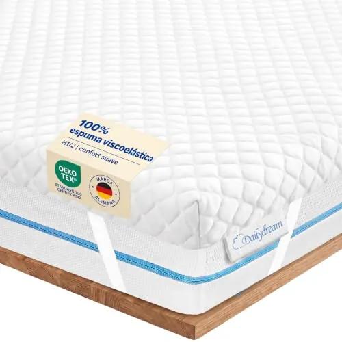Dailydream Topper Viscoelástico, Memory Foam, 160x190 cm, 5 cm | Edición Pure, H1/2, sobrecolchón viscoelástico con funda lavable, base antideslizante y correas elásticas.