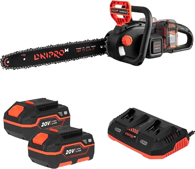 Motosierra Batería 36V 40 cm | 2 Baterías 4.0Ah + Cargador Dual | Corte Rápido 16 m/s, Freno Seguridad | Sierra para Poda y Jardín DCS-201BC Dual