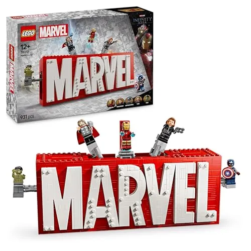 LEGO Marvel: Logotipo MARVEL y Minifiguras de Vengadores Capitán América, Hulk, Thor, Iron-Man y Viuda Negra, Maqueta 3D de Decoración, Juguete de Superhéroes para Niños y Niñas de 12 Años o Más 76313