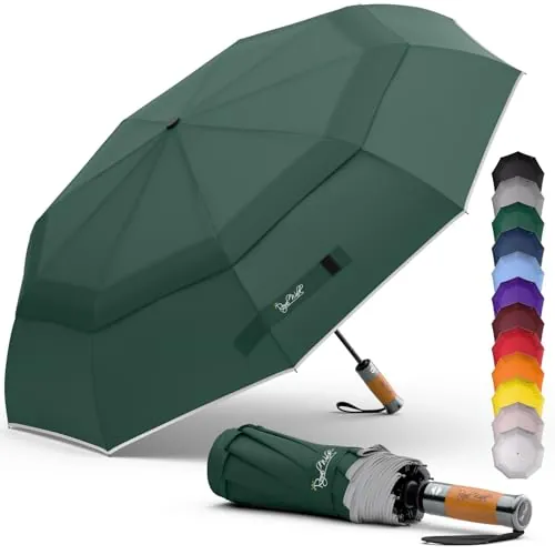 Royal Walk Paraguas de viaje plegable resistente al viento, compacto y fuerte, mango de madera auténtica, apertura automática, doble toldo ventilado para hombres y mujeres, verde oscuro, L, Moderno