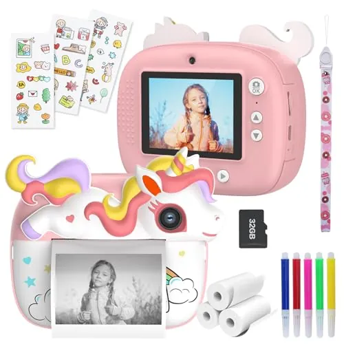 Camara Fotos Infantil Instantanea, 2,4 Pulgada HD 1080P Camara Fotos Infantil con Tarjeta de 32GB y Papel de Impresión, Digital Cámara Instantánea para Niños de 3 a 14 Años, Regalo Juguete, Rosa