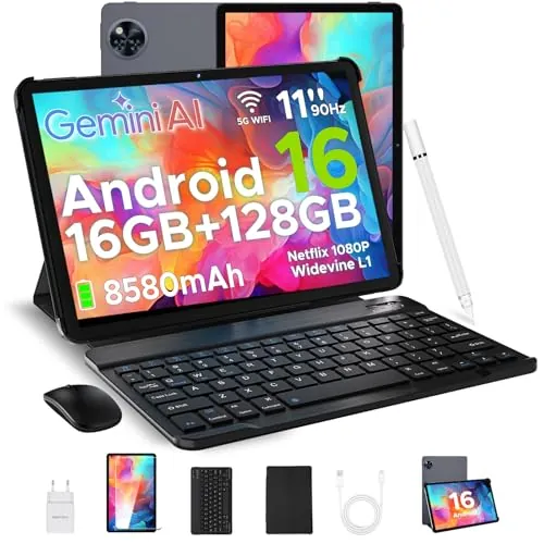 U11 Android 16 Tablet 11 Pulgadas Gemini AI, 16GB RAM+128GB ROM/2TB TF, 8580mAh, Tablet con Teclado, Lápiz, Unisoc T7200 Octa-Core，90Hz, 13MP+5MP/WiFi 5G/Face ID/Widevine L1/GMS/GPS/OTG/Audio 3.5mm