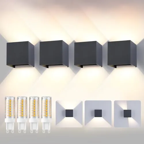 YCZM 4 PCS Aplique pared LED con G9 LED Bombillas Reemplazables,Aplique Exterior pared con Bombilla G9 IP65 Impermeable,Lámpara Pared Interior 4000K,Apliques LED Interior Antracita Con Bombilla