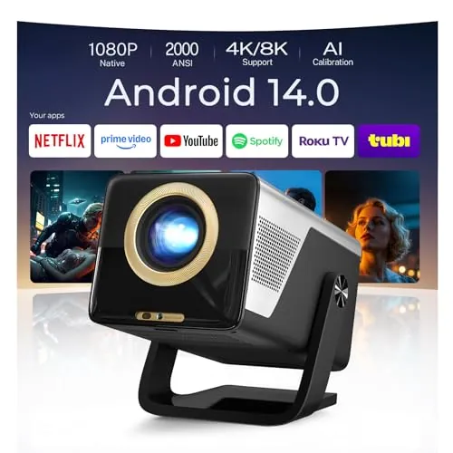 [2000 ANSI & 1080P Nativo] Proyector Inteligente X7 (Android 14), Soporte 8K/4K, Calibración Visual IA, Enfoque y Corrección Automática, WiFi 6, Bluetooth 5.4, Mando por Voz Air Mouse, Audio Hi-Res