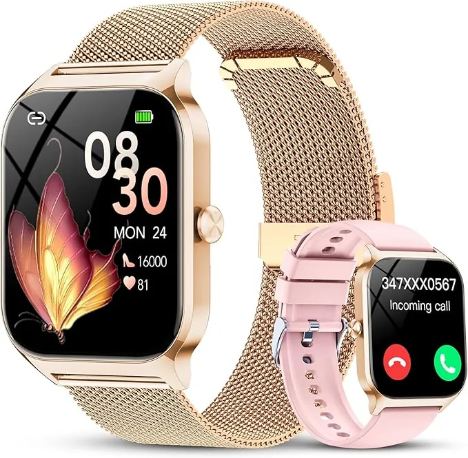 Reloj Inteligente Mujer Oro Rosa,1.85" HD Smartwatch Mujer con Llamadas Bluetooth,Smart Watch con Pulsómetro/Monitor de Sueño/Oxímetro/Podómetro,120+ Modos Deportivos, para iOS Android（Correas Dobles）