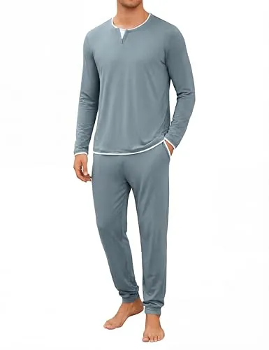 Jahetuul Pijama Largo Hombre Invierno de Algodón 2 Piezas Cuello Redondo