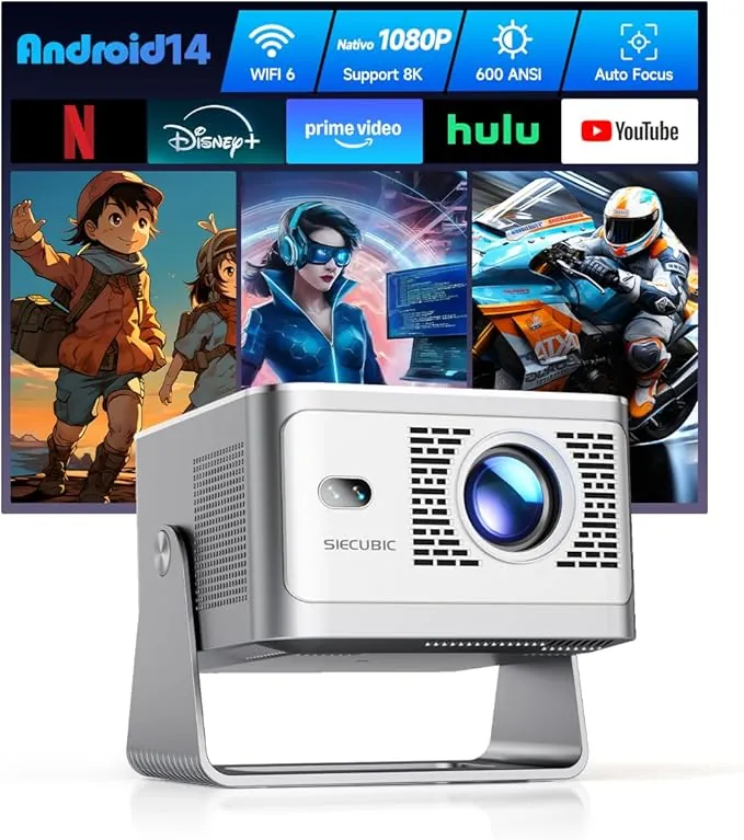 Mini Proyector Portatil 4K Full HD 1080P, 600 Lúmenes ANSI, Android 14 WiFi 6 Bluetooth 5.4, Corrección de Distorsión y Enfoque Automático, Cine en Casa Interior y Exterior