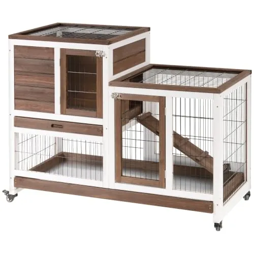 PawHut Conejera de Madera de 2 Niveles con Ruedas 110x50x88 cm Marrón