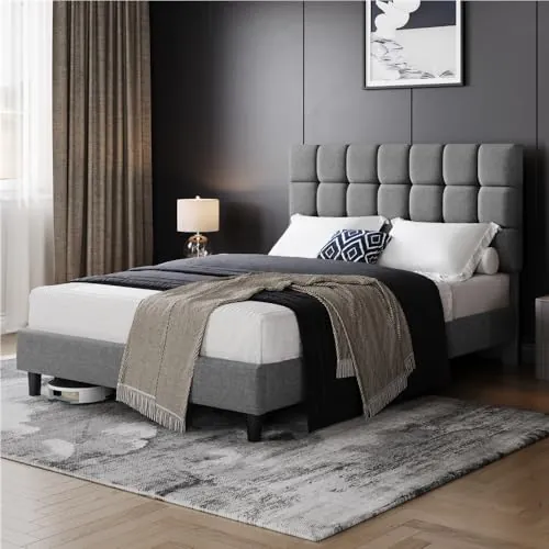 Yaheetech Marco de Cama Doble Acolchado Cuadrado 140×200cm Cabecero Ajustable en Altura con Base de Listones Gris Claro