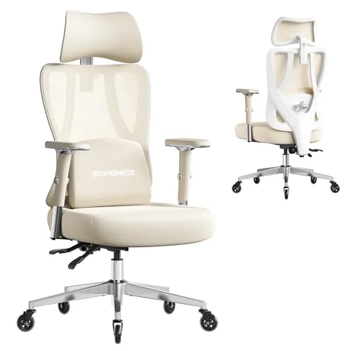 SONGMICS Silla de Oficina Ergonómica, Soporte Lumbar, Carga 150 kg | Silla de Escritorio de Malla, Reposacabezas Ajustables, Marrón Camello y Blanco Nube, Colección KIME OBN067LJ01