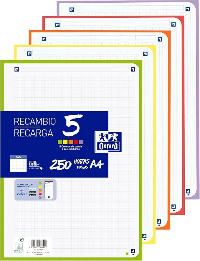 Oxford Hojas Cuadriculadas A4 Perforadas, Recambio Archivador, 250 Hojas, Cuadrícula 5x5, 5 Colores Vivos de Banda