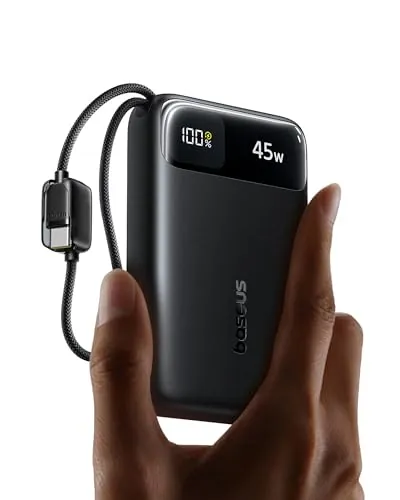 Baseus FC11 Powerbank 45W 20000mAh con 2 Cables USB-C Integrados, Batería Externa Carga Rápida con Certificación CCC, Mini Power Bank para iPhone 17/16/15/14 Pro MAX, iPad, Samsung, Negro