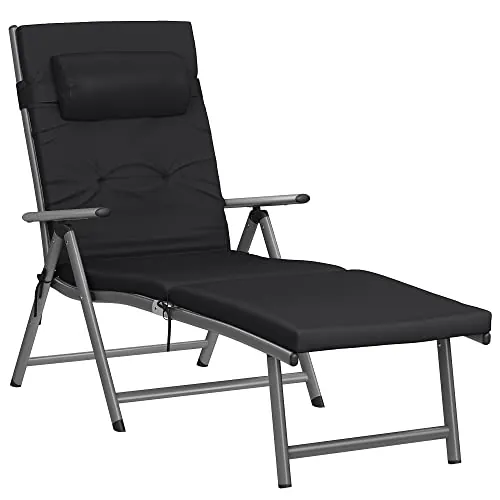 SONGMICS Tumbona Plegable con Cojín de 6 cm de Grosor, Reposacabezas Desmontable, Transpirable, Respaldo Ajustable, Soporta hasta 150 kg, Negro GCB24BK
