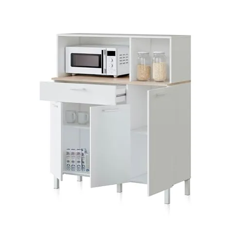 duehome | Alacena de Cocina, Mueble Auxiliar 3 Puertas + 1 Cajon y Estante Interior, Modelo Colin, Acabado en Blanco Artik y Roble Canadian, Medidas: 108 cm (Ancho) x 126 cm (Alto) x 40 cm (Fondo)
