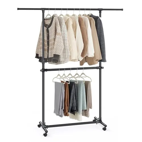 SONGMICS Burro de Ropa con Doble Barra, Perchero con Ruedas Extensible, Altura Ajustable 113-180 cm, Barra Central Ajustable, Negro LLR401B01