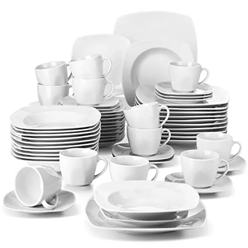 MALACASA JULIA Vajillas Completas 12 Personas, 60 Piezas Juego de Platos de Porcelana con 12 Platos Llanos, 12 Platos de Postre, 12 Platos Hondos, 12 Tazas de Café y 12 Platillo, Vajilla Blanca
