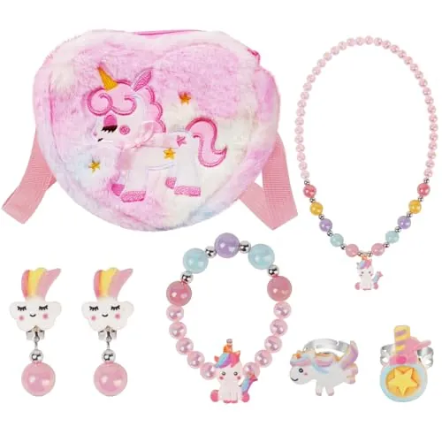 OSDUE Bolso de Peluche de Unicornio, Bolso de Peluche para Niña con Anillo de Unicornio, Collar, Pendientes, Pulsera, Bolso de Fiesta para Niña, Joya de Princesa Unicornio, Regalo para Niña