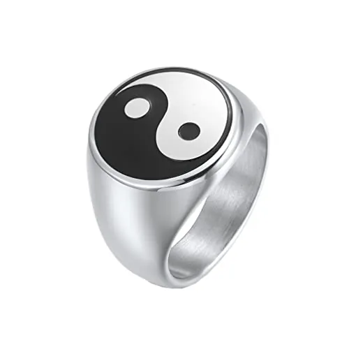 HIJONES Anillo de Equilibrio Clásico Yin Yang Gossip para de Los Hombres de Acero Inoxidable Anillos de Promesa de Sello de Amuleto Taoísta Plata Talla 17