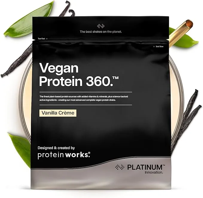Protein Works | Vegan Protein 360 – PLATINUM Innovation, Proteína Vegana, 100% Vegetal, Omega 3, Electrolitos Añadidos, Batido Bajo en Grasa y Calorías, Crema de Vainilla, 57 Porciones, 2kg