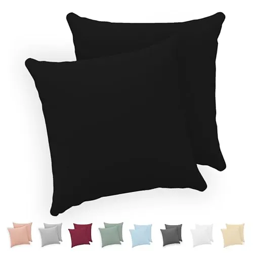 Twinzen® Funda Almohada 65x65 (Juego de 2) - Negro - 100% Algodon Jersey - Funda de Almohada Algodon - Funda Cojin para Cama - Protector de Almohada con Cremallera