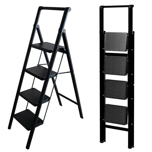 UABA Escalera Plegable de Acero, 4 Peldaños, Negra, Peldaños Anchos, EN 131